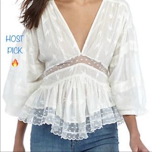 FREE PEOPLE EMBROIDERED COTTON GAUZE LACE TOP